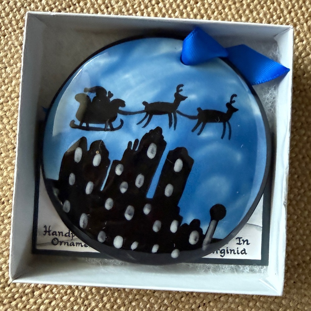 Nola Watkins Hand-Painted Ornament – Santa‎ Sleigh Over City, With Box